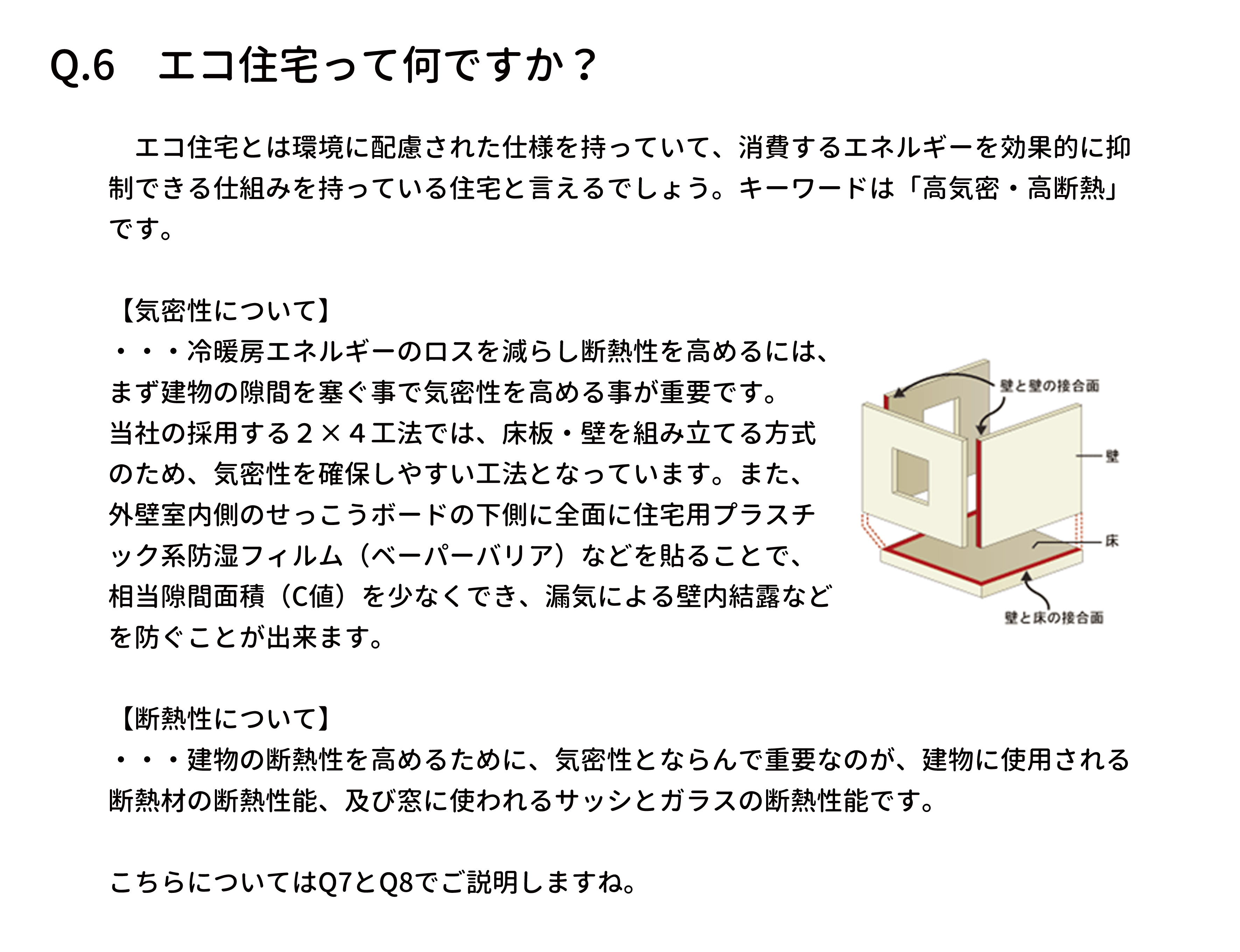 　エコ住宅とは環境に配慮された仕様を持っていて、消費するエネルギーを効果的に抑
制できる仕組みを持っている住宅と言えるでしょう。キーワードは「高気密・高断熱」
です。
【気密性について】
・・・冷暖房エネルギーのロスを減らし断熱性を高めるには、
まず建物の隙間を塞ぐ事で気密性を高める事が重要です。
当社の採用する２×４工法では、床板・壁を組み立てる方式
のため、気密性を確保しやすい工法となっています。また、
外壁室内側のせっこうボードの下側に全面に住宅用プラスチ
ック系防湿フィルム（ベーパーバリア）などを貼ることで、
相当隙間面積（C値）を少なくでき、漏気による壁内結露など
を防ぐことが出来ます。
【断熱性について】
・・・建物の断熱性を高めるために、気密性とならんで重要なのが、建物に使用される
断熱材の断熱性能、及び窓に使われるサッシとガラスの断熱性能です。
こちらについてはQ7とQ8でご説明しますね。