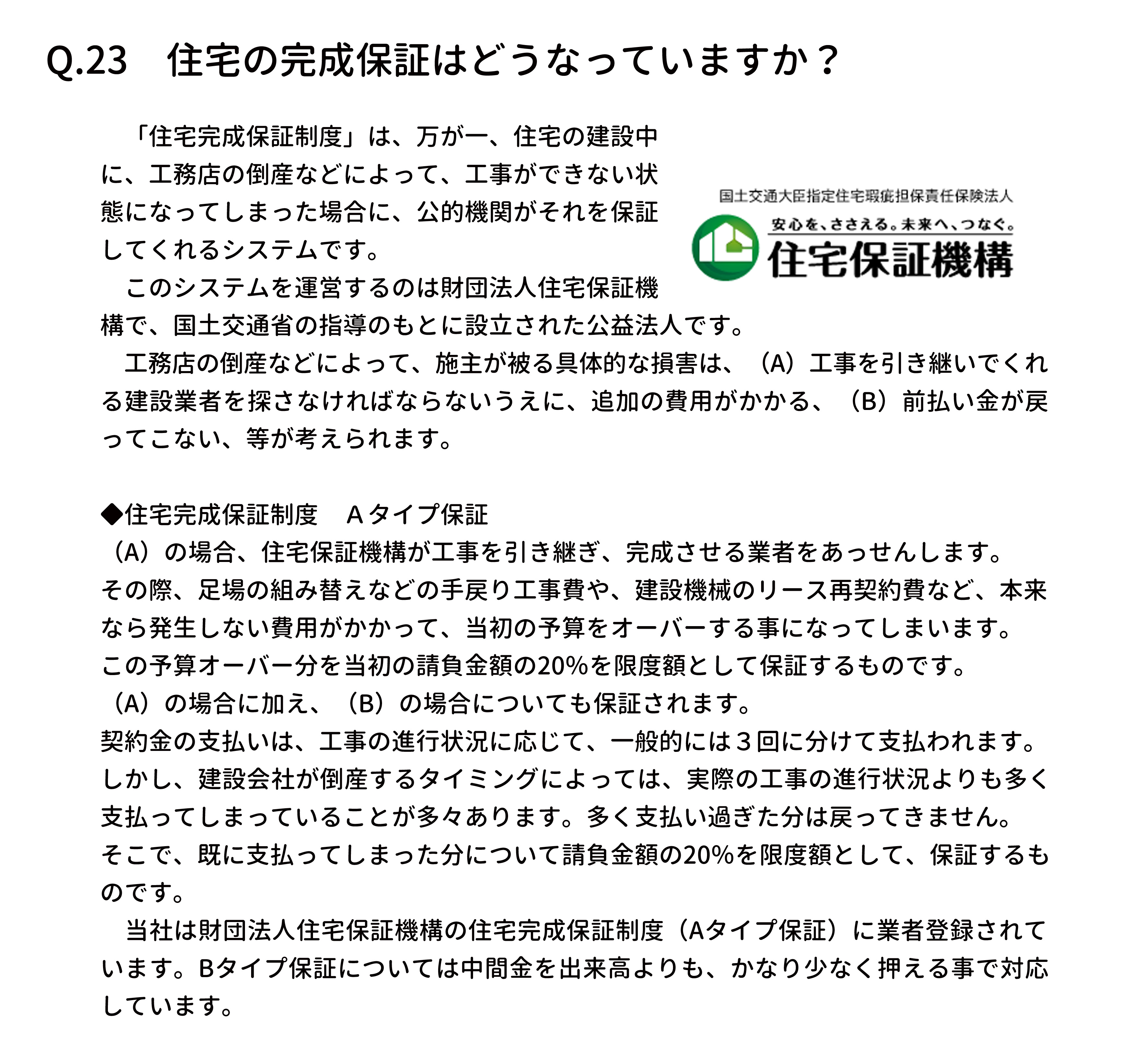 　「住宅完成保証制度」は、万が一、住宅の建設中
に、工務店の倒産などによって、工事ができない状
態になってしまった場合に、公的機関がそれを保証
してくれるシステムです。
　このシステムを運営するのは財団法人住宅保証機
構で、国土交通省の指導のもとに設立された公益法人です。
　工務店の倒産などによって、施主が被る具体的な損害は、（A）工事を引き継いでくれ
る建設業者を探さなければならないうえに、追加の費用がかかる、（B）前払い金が戻
ってこない、等が考えられます。
◆住宅完成保証制度　Ａタイプ保証
（A）の場合、住宅保証機構が工事を引き継ぎ、完成させる業者をあっせんします。
その際、足場の組み替えなどの手戻り工事費や、建設機械のリース再契約費など、本来
なら発生しない費用がかかって、当初の予算をオーバーする事になってしまいます。
この予算オーバー分を当初の請負金額の20％を限度額として保証するものです。
（A）の場合に加え、（B）の場合についても保証されます。
契約金の支払いは、工事の進行状況に応じて、一般的には３回に分けて支払われます。
しかし、建設会社が倒産するタイミングによっては、実際の工事の進行状況よりも多く
支払ってしまっていることが多々あります。多く支払い過ぎた分は戻ってきません。
そこで、既に支払ってしまった分について請負金額の20％を限度額として、保証するも
のです。
　当社は財団法人住宅保証機構の住宅完成保証制度（Aタイプ保証）に業者登録されて
います。Bタイプ保証については中間金を出来高よりも、かなり少なく押える事で対応
しています。